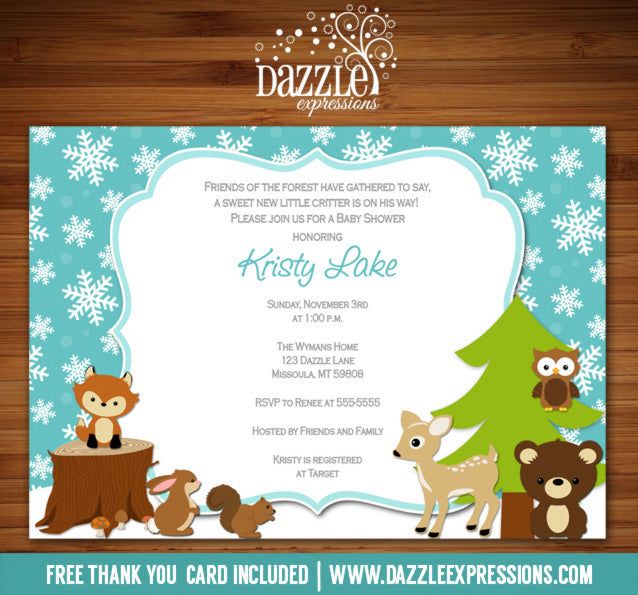 Winter Woodland Baby Shower Invitation - FREE thank you card included