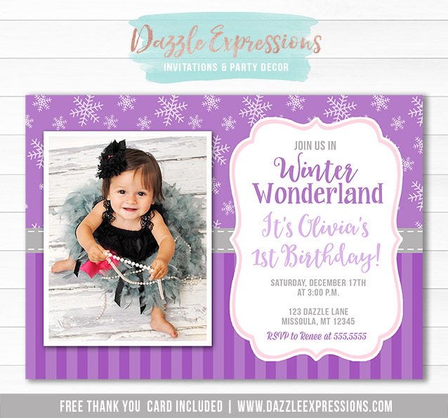 Winter Wonderland Birthday Invitation 7 - FREE thank you card included