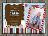 Milk and Cookies Birthday Invitation - Blue - Thank You Card Included